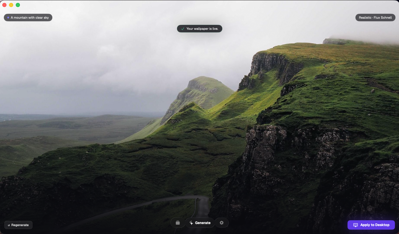 Wallpaperific preview screen — AI-generated mountain wallpaper applied to desktop